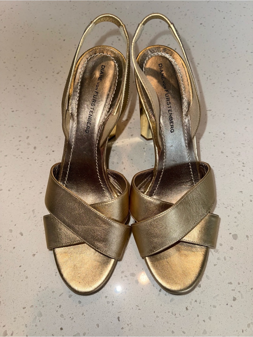 Diane Von Furstenberg Metallic Gold Crisscross Slingback Heels - Picture 2 of 11